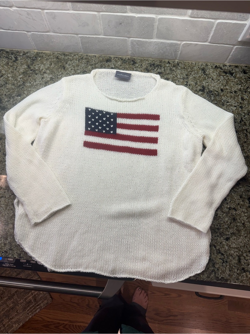 Wooden Ships White Knit Crewneck Sweater with Flag Motif